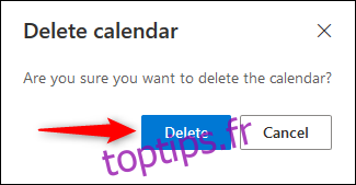 Confirmation de suppression du calendrier d'Outlook Online.