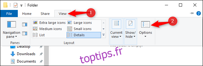 Ouverture de la fenêtre Options des dossiers à partir de l'Explorateur de fichiers sous Windows 10