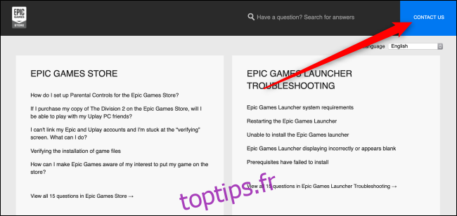 Page d'aide Epic Games Store