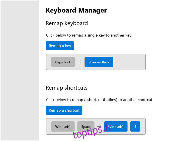 Remappage des touches et des raccourcis clavier dans le gestionnaire de clavier PowerToy.