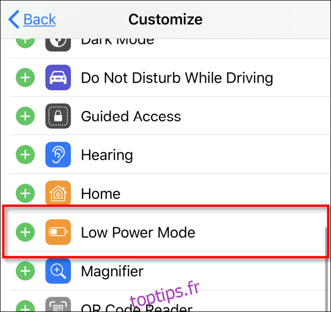 Ajouter le mode faible consommation au centre de contrôle dans iOS iPadOS