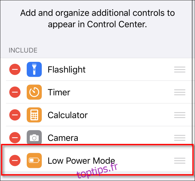 Supprimer le mode faible consommation du centre de contrôle iOS