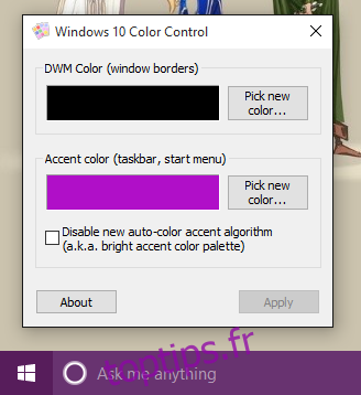 Contrôle des couleurs Windows 10 -accent sur