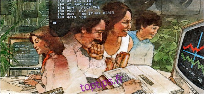 Une illustration de personnes utilisant des ordinateurs Apple II du 