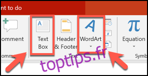 Cliquez sur les boutons Zone de texte ou WordArt pour insérer l'un des objets dans votre présentation PowerPoint