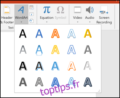 Diverses options WordArt dans PowerPoint