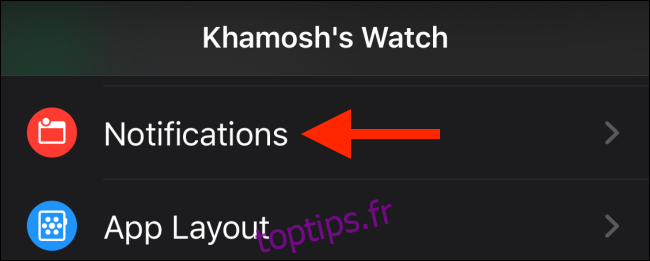 Appuyez sur l'option Notifications de l'application Watch