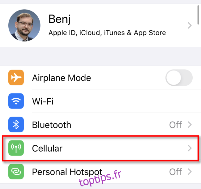 Option cellulaire sur iOS