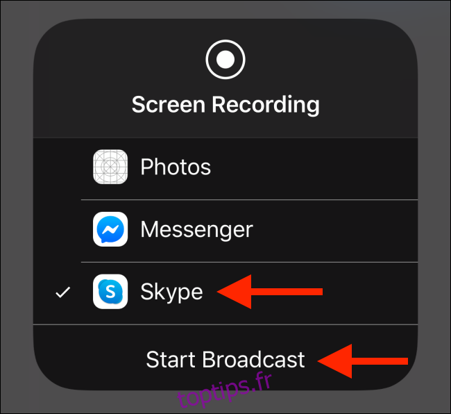 Sélectionnez Skype, puis appuyez sur le bouton Démarrer la diffusion