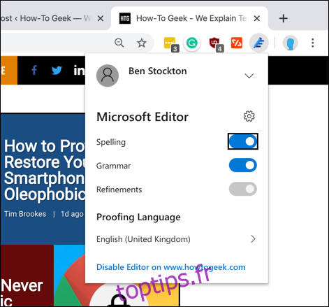 Onglet des paramètres de l'extension Microsoft Editor Chrome