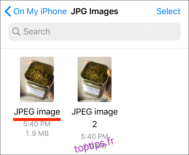 Photos au format JPG dans l'application Fichiers