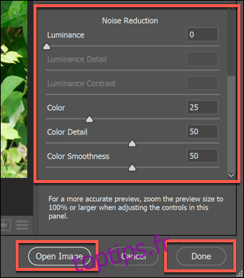Les options de réduction du bruit pour un fichier image RAW dans les options de Photoshop Camera Raw