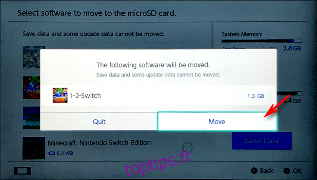 Confirmer le déplacement du logiciel sur Nintendo Switch