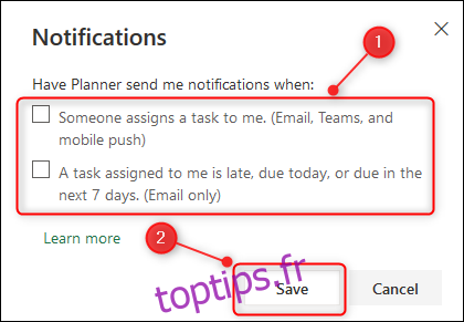 Les options de notifications du planificateur.