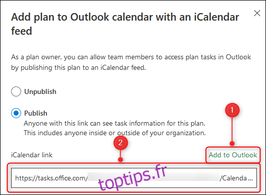 Les options pour ajouter le planificateur à votre calendrier ou copier un lien iCalendar.