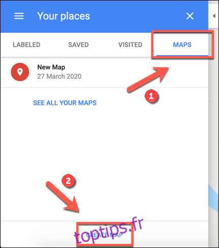 Cliquez sur Créer une carte pour commencer à créer une carte Google Maps personnalisée