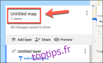 Cliquez sur Carte sans titre pour commencer à renommer votre carte Google Maps personnalisée