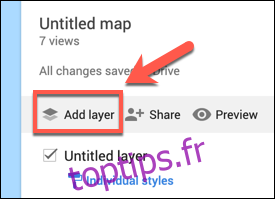 Appuyez sur Ajouter une couche pour ajouter une couche personnalisée à une carte Google Maps personnalisée