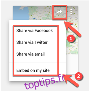 Les options de partage social pour une carte Google Maps personnalisée