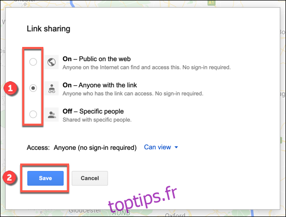 Les options de partage de lien pour une carte Google Maps personnalisée