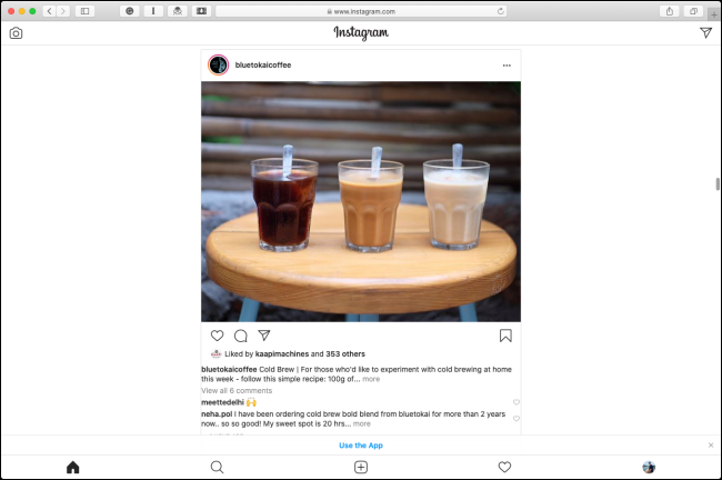 La disposition mobile d'Instagram dans Safari sur un Mac.