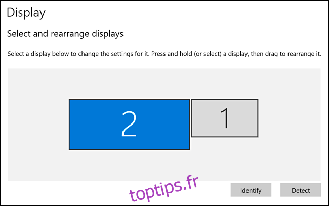 Affichage 2 sélectionné dans les paramètres d'affichage de Windows 10