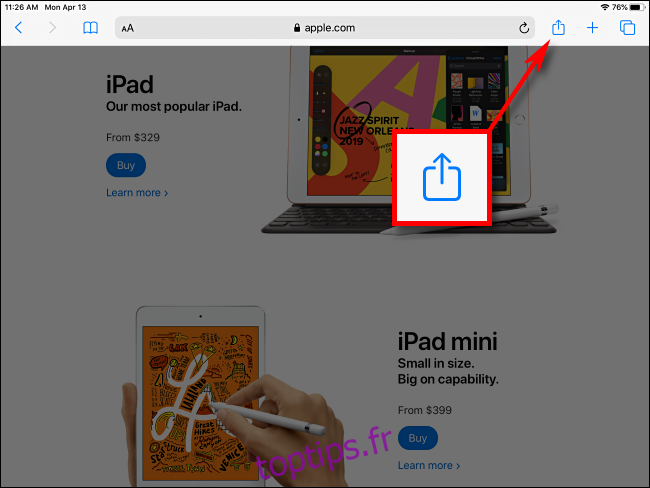 Appuyez sur le bouton Partager dans Safari sur iPad