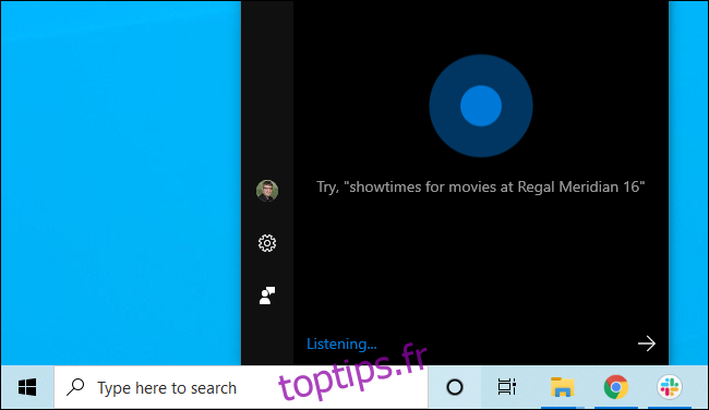 Cortana sur la barre des tâches de Windows 10.