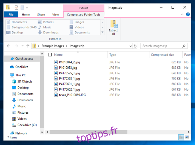 Une liste de fichiers compressés dans Windows 10.