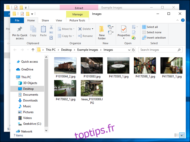 Fichiers extraits d'un fichier Zip dans Windows 10.