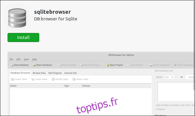 Page d'installation de l'application de navigateur SQLite dans l'application logicielle Ubuntu.