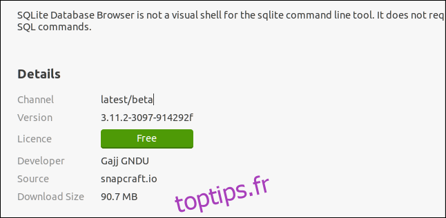 Informations spécifiques à Snap relatives à SQLITebrowser dans l'application logicielle Ubuntu.