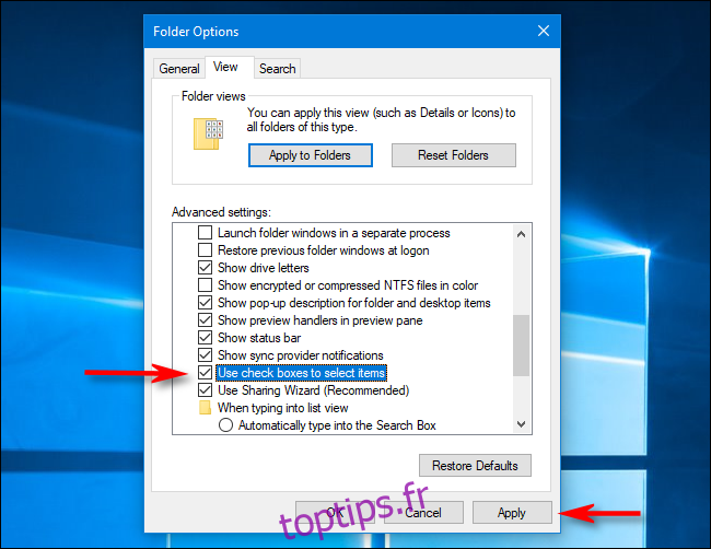 Désactivez les cases à cocher des fichiers dans les options des dossiers sous Windows 10
