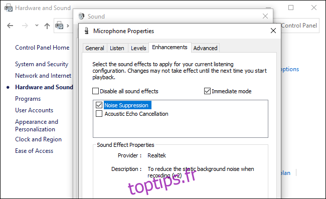 Activation de la suppression du bruit sous Windows 10