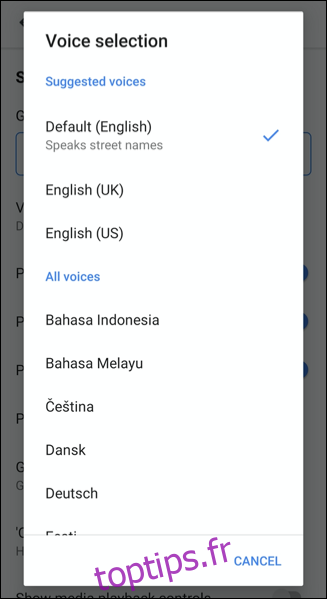 Sélectionnez une nouvelle voix dans le menu de sélection de voix de Google Maps
