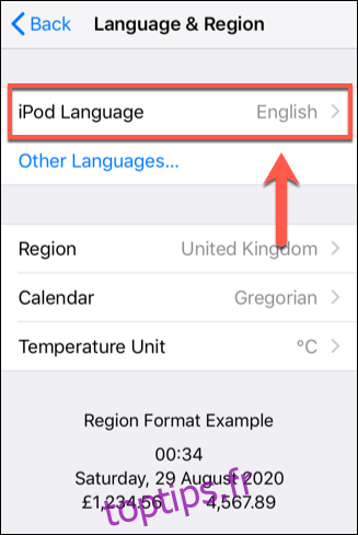 Appuyez sur l'option Langue de votre appareil iOS dans le menu Langue et région