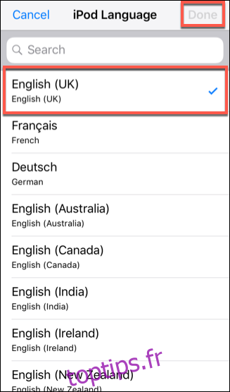 Sélectionnez une langue iOS, puis appuyez sur Terminé pour la confirmer.