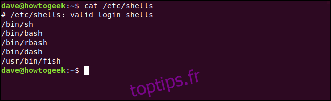 cat / etc / shells dans une fenêtre de terminal.