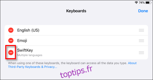 Supprimer le clavier tiers sur iPad