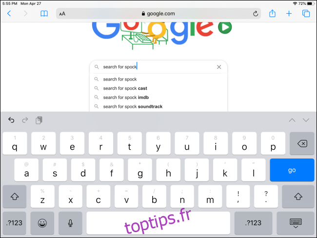 Utiliser le clavier à l'écran de l'iPad pour rechercher sur Google