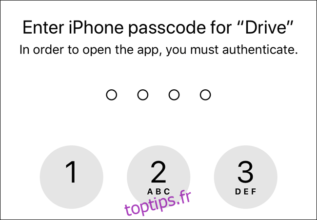 Sans autorisation, Google Drive utilisera le code d'accès de l'écran de verrouillage de votre appareil