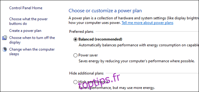 Trois boutons radio affichant les options de plan d'alimentation dans le panneau de configuration de Windows 10