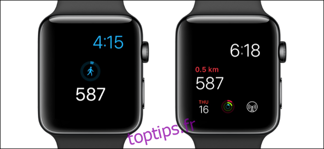 Deux montres Apple affichant le nombre de pas sur les cadrans de la montre.