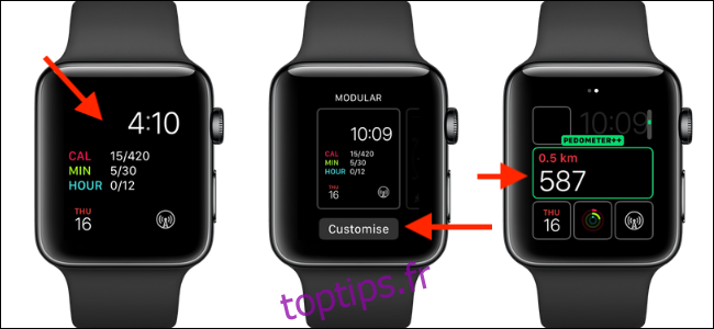 Trois montres Apple avec la complication Podomètre ++ sur le visage.