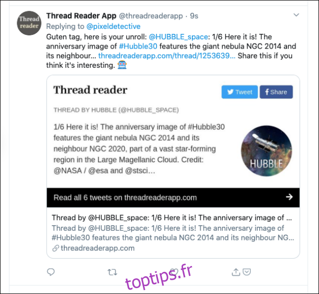 Réponse de l'application Thread Reader