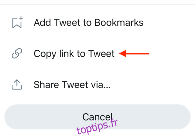 Sélectionnez l'option Copier le lien vers Tweet dans le menu de partage Twitter