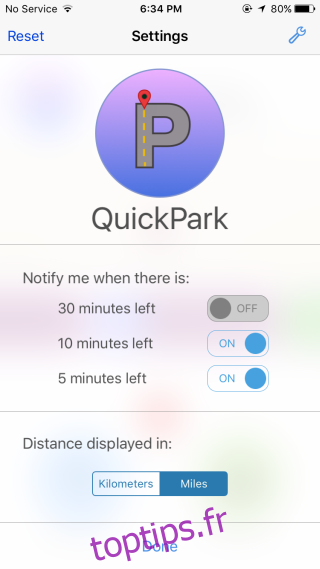 Paramètres QuickPark