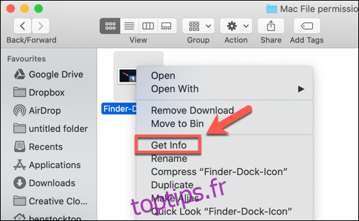 Cliquez avec le bouton droit sur un fichier et appuyez sur Obtenir des informations pour accéder aux autorisations de fichier sur macOS