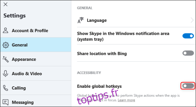Skype désactiver les raccourcis clavier globaux