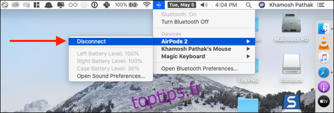 Cliquez sur Déconnecter à partir du menu Bluetooth des AirPods sur Mac